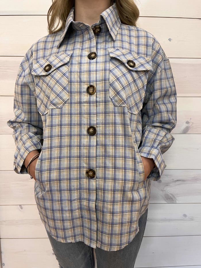 Woven Plaid Button Down Pocketed Shacket  Blue