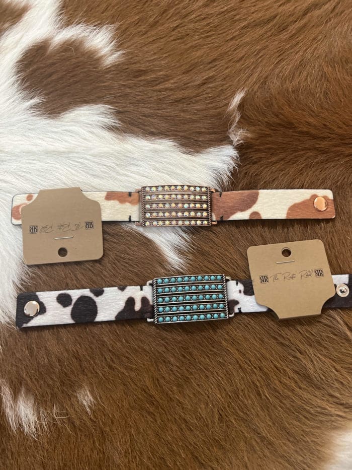 Rectangular Bar Casting With Rhinestone Pave Cowhide Leather Print Snap Bracelet