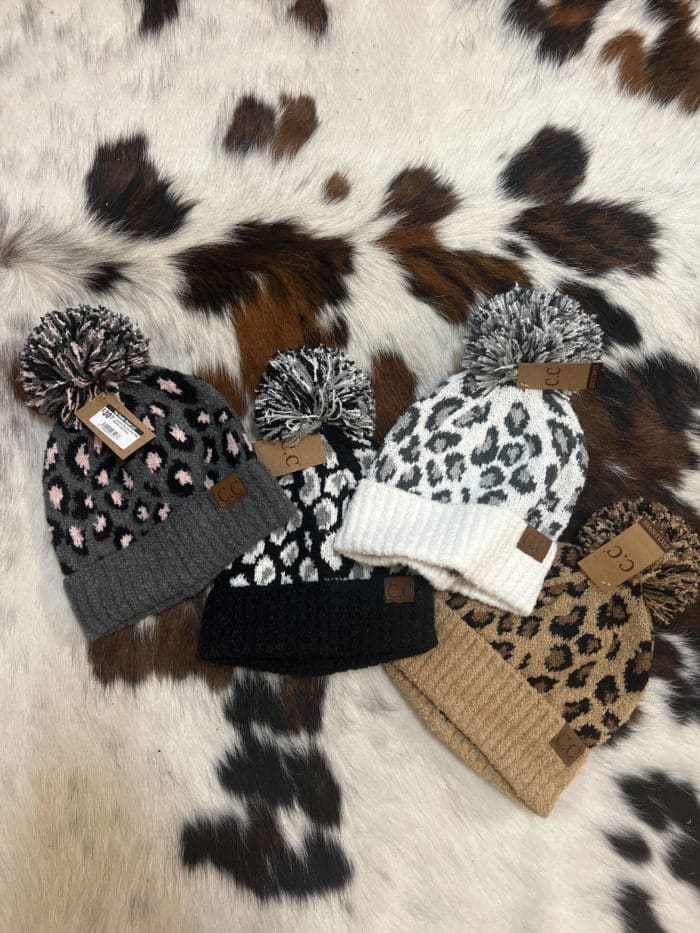 Leopard Boucle Knit POM Beanie