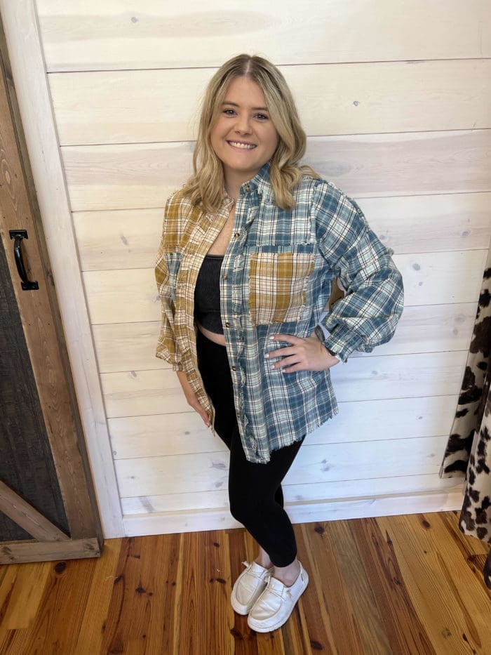 Washed Plaid Pattern With Smocked Sleeve Button Down Shirt