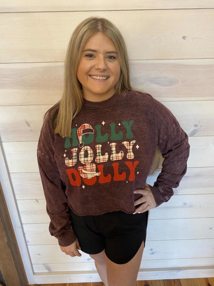 Holly Jolly Dolly Long Sleeve Cropped Graphic Top