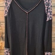 V-Neck Banded Leopard Print Waffle Yoke Color Block Raglan Long Sleeve Black