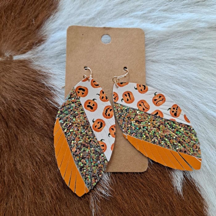 Faux Leather/Felt Pumpkin Glitter Sequin Leaf Drop Earrings