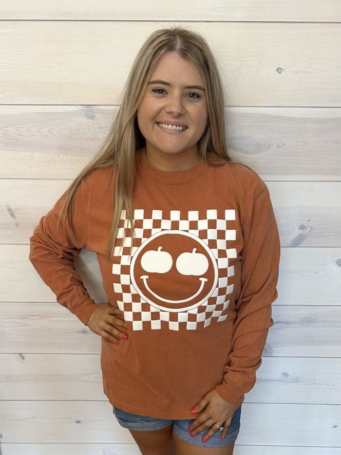 Puffed Checkered Pumpkin Graphic Long Sleeve Tee