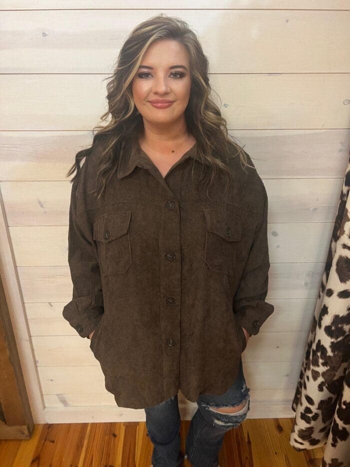 Oversized Corduroy Button Front Shacket With Pockets