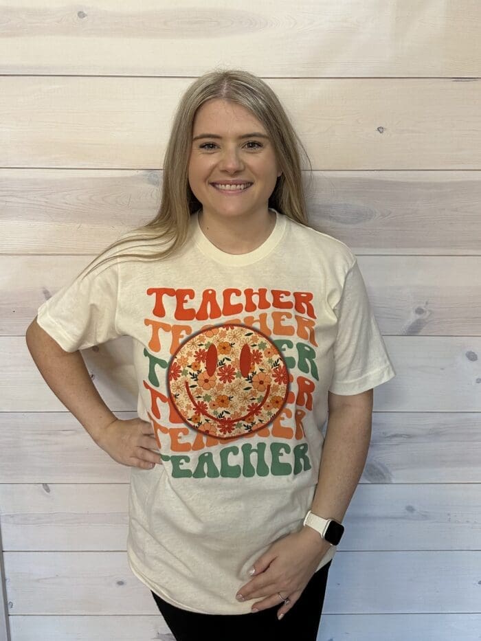 Boho Style Retro Teacher Floral Smiley Graphic Tee