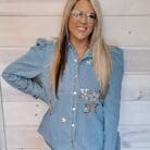 Garment Washed Chambray Sequin Embellished Star Howdy Button Down Top