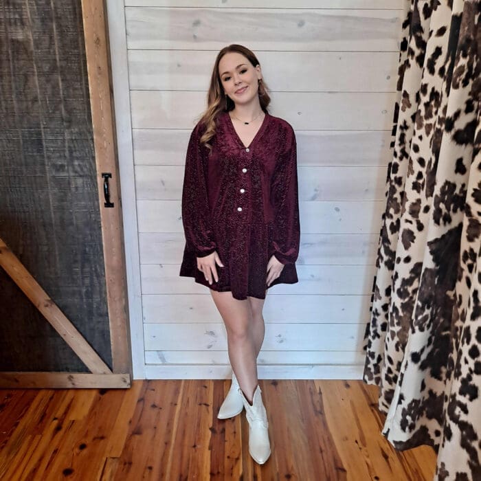 Tiered Textured Woven Long Sleeve Holiday Velvet MIni Dress with Pockets