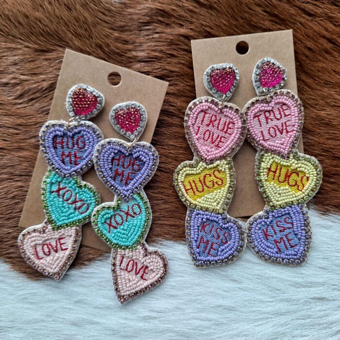 Valentine Candy Heart Seed Bead Fabric Post Dangling Earrings