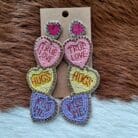 Valentine Candy Heart Seed Bead Fabric Post Dangling Earrings