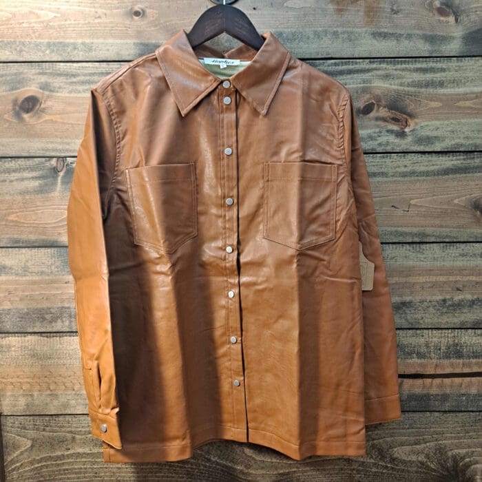 Faux Vegan Leather Snap Button Down  Shacket with Pockets