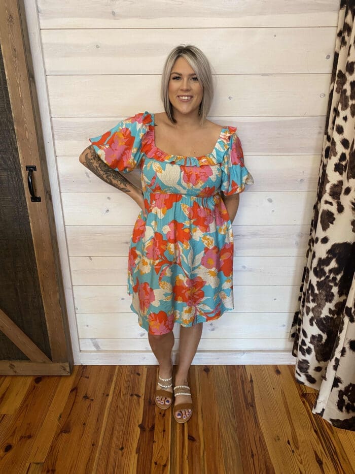 Floral Printed Mini Dress with Puff Sleeves and Pockets