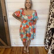 Floral Printed Mini Dress with Puff Sleeves and Pockets