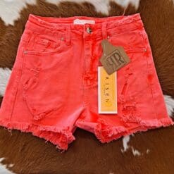 Coral Colored High Rise Distressed Detail Shorts