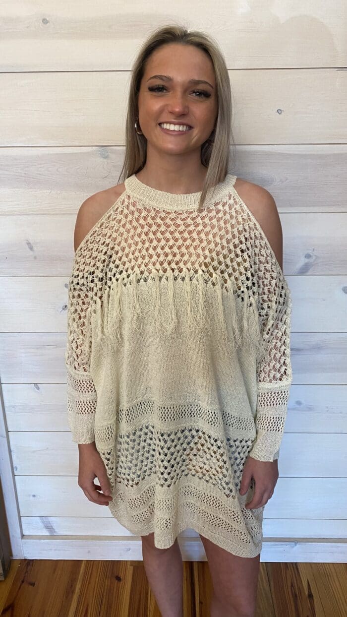 Mesh Spring Cold Shoulder Cover Up with Fringe