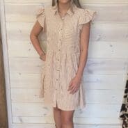 Cap Sleeves Striped Cotton Gauze Button Down Dress with Pockets