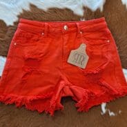Fiesta Red High Rise Distressed Shorts