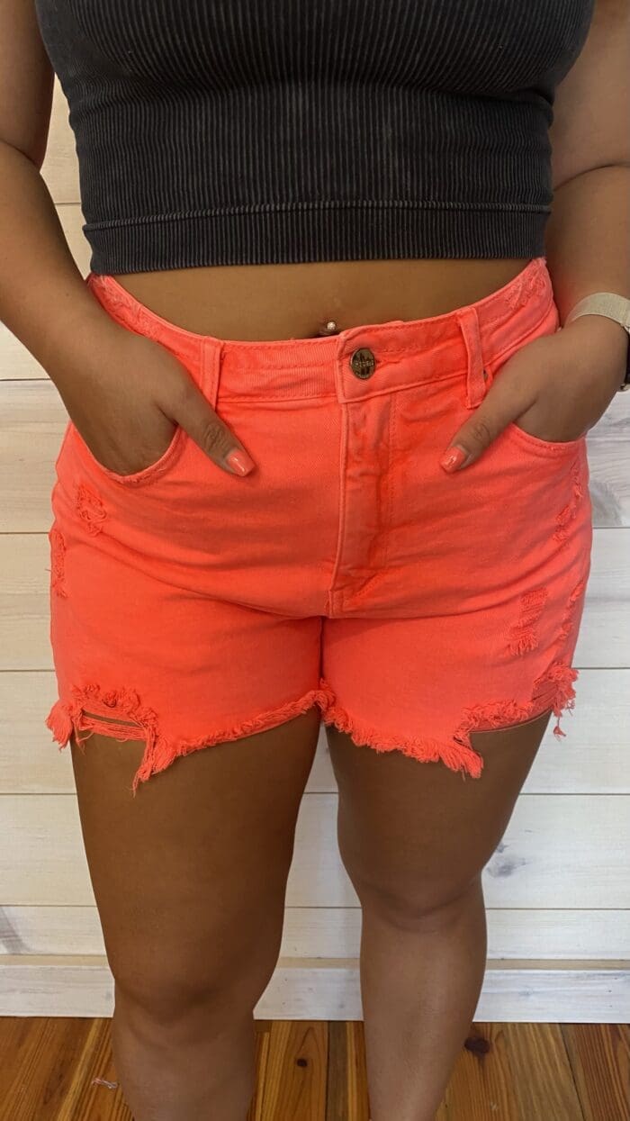 Coral Colored High Rise Distressed Detail Shorts