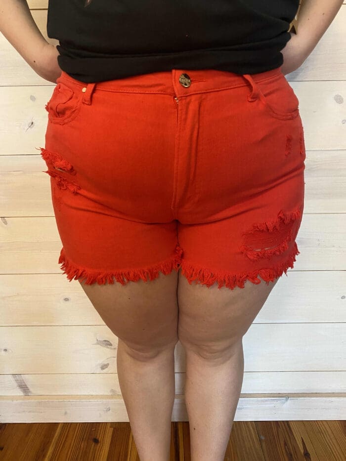 Fiesta Red High Rise Distressed Shorts