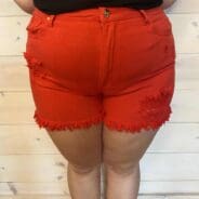 Fiesta Red High Rise Distressed Shorts