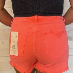 Coral Colored High Rise Distressed Detail Shorts