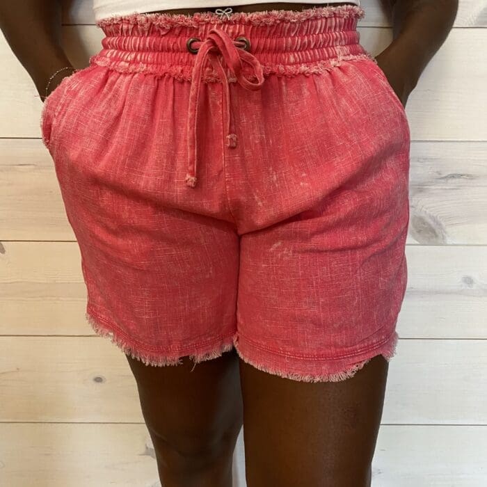 Washed Linen Frayed Hem Drawstring Shorts