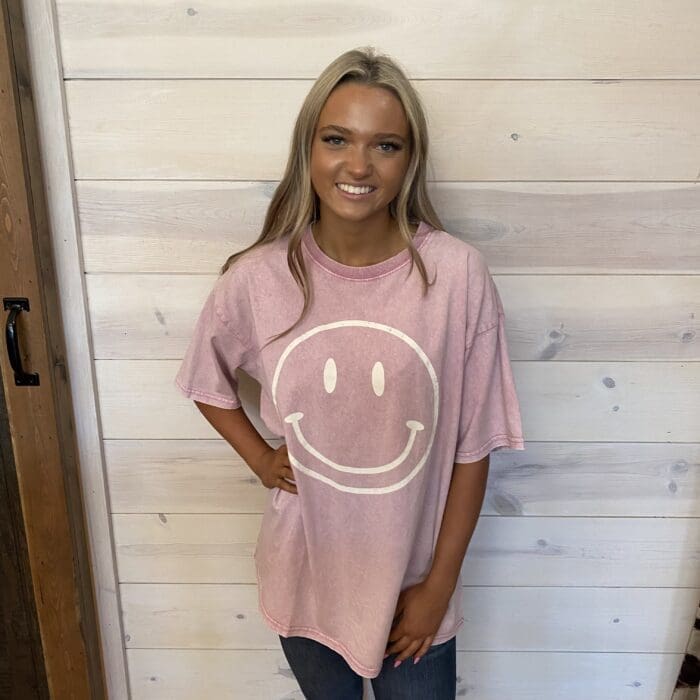 Happy Face Print Washed Cotton Graphic Tee