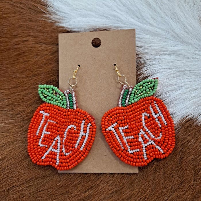 Teach Seed Bead Embroidered Red Apple Earrings