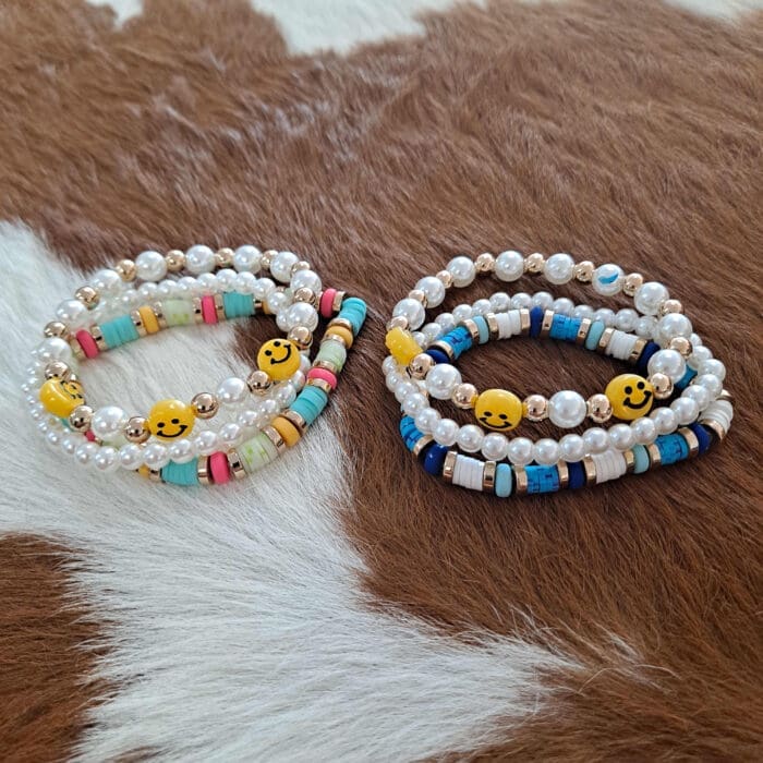 Smiley Face Stackable Beaded Stretch Bracelet Set