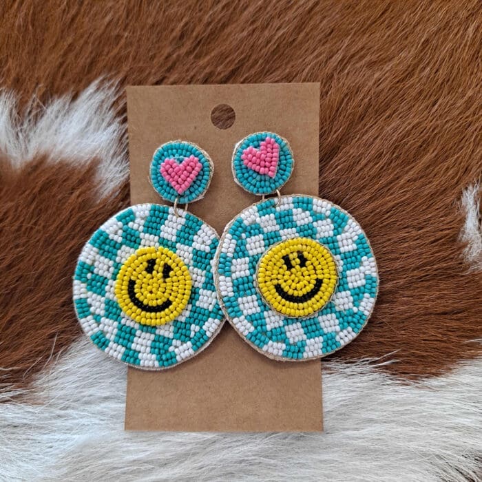 Smiley Face Checkered Disc Beaded Drop Earrings