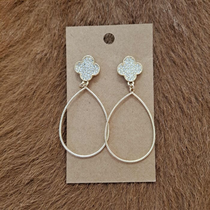 Gold Pave Clover Teardrop 2″ Earrings