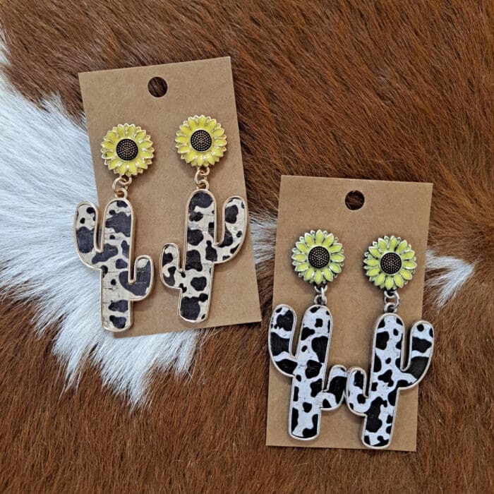 Cactus With Cow Print Earrings