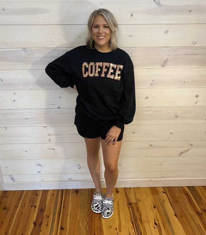 Sequined COFFEE Loose Fit Sweatshirt and Shorts Set with Pockets