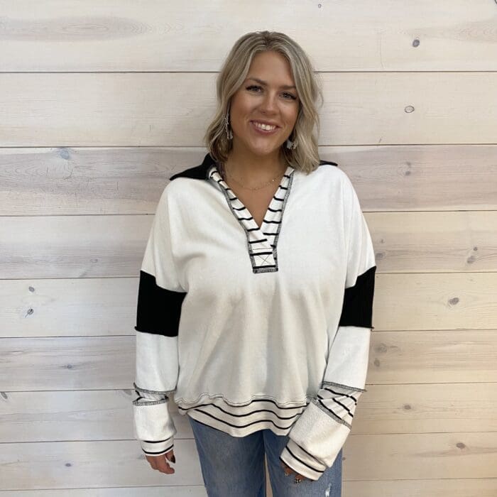 Solid Loose Fit Top with Stripe Contrast