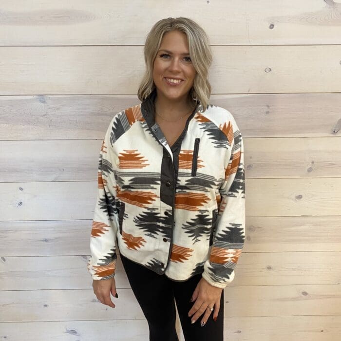 Western Aztec Snap Buttoned Fleece Jacket with Pockets