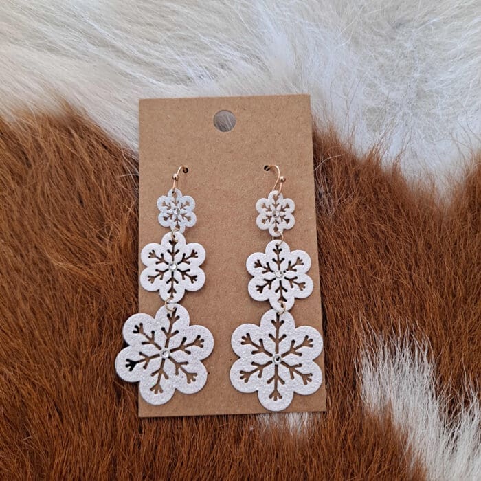 White Glittered Textured Snowflake Drop Earrings