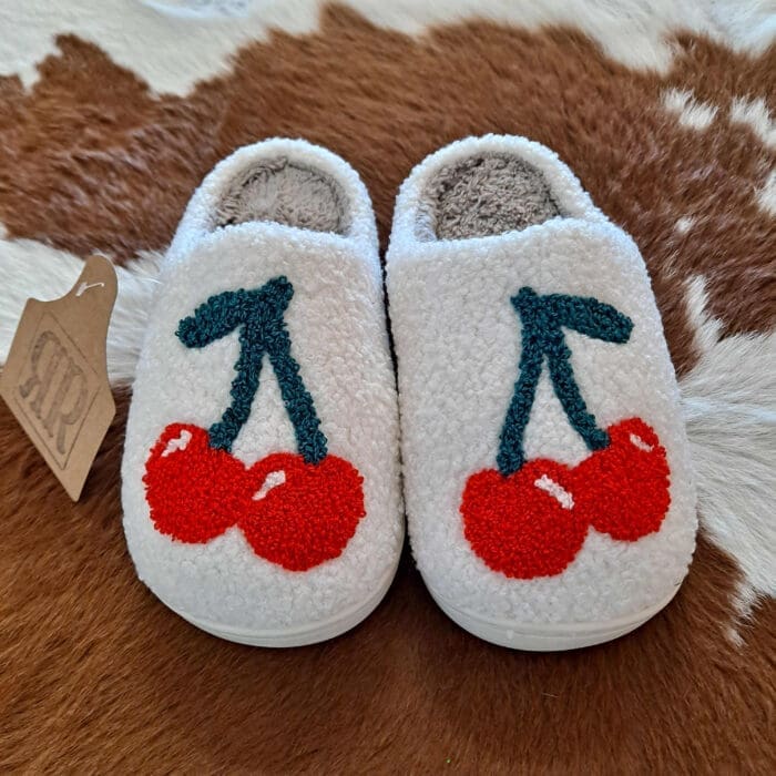 Christmas Cherry Print Cozy Fleece Slippers