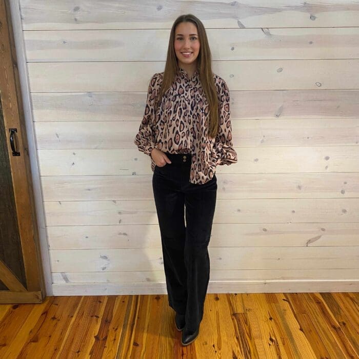 Oversized Leopard Print Balloon Sleeve Shoulder Button Up Top