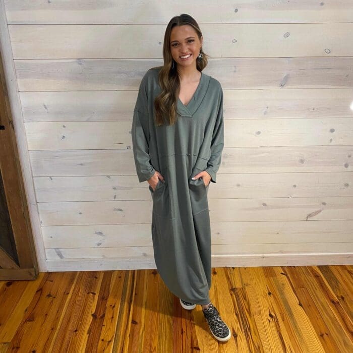 Meadow V Neck Long Sleeve Slit Maxi Dress with Pockets