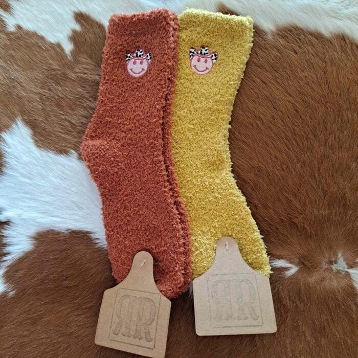 Embroidered Cowgirl Smiley Face Cozy Socks