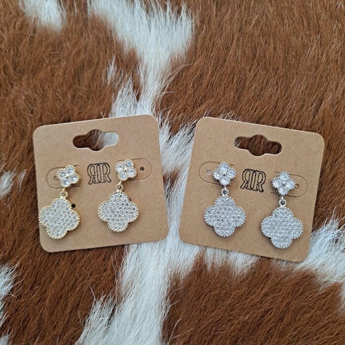 CZ Pave 14K Gold Plated  Clovers Pendant Post Earrings