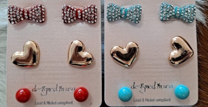 3 Pairs Crystal Bow Metal Heart Stud Earrings